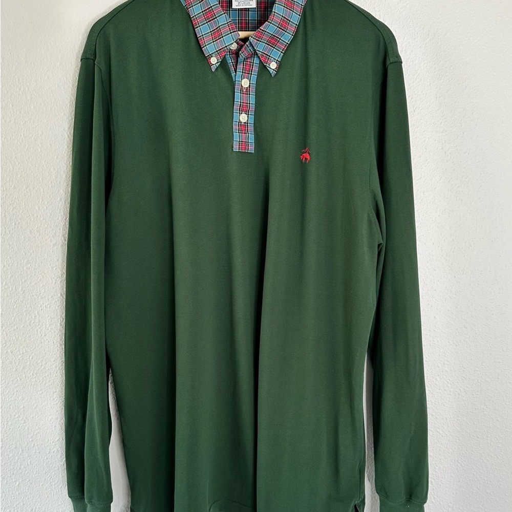 Brooks Brothers Green Polo with Plaid Collar - Picture 3 of 5